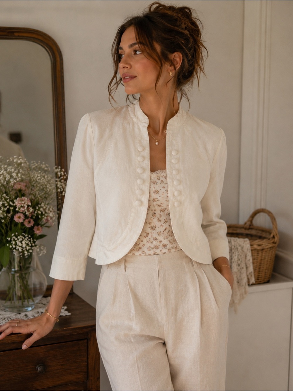 I.N.C. International Concepts 100% Linen Ivory Cropped Jacket Size Large